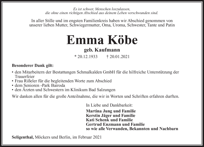  Traueranzeige für Emma Köbe vom 10.02.2021 aus Südthüringer Presse