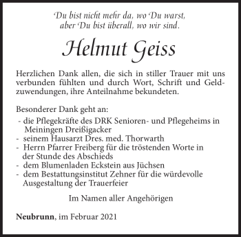 Traueranzeige von Helmut Geiss von Südthüringer Presse