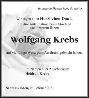 Traueranzeige von Wolfgang Krebs von Südthüringer Presse