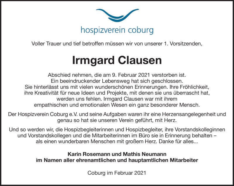  Traueranzeige für Irmgard Clausen vom 17.02.2021 aus Neue Presse Coburg