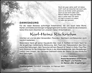 Traueranzeige von Karl-Heinz Rückriehm von Südthüringer Presse
