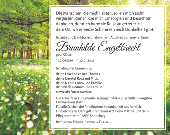 Traueranzeige von Brunhilde Engelbrecht von Südthüringer Presse