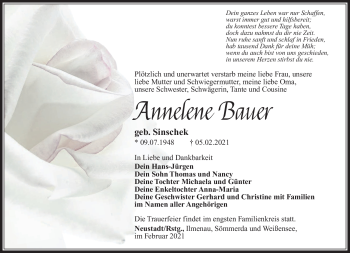 Traueranzeige von Annelene Bauer von Südthüringer Presse