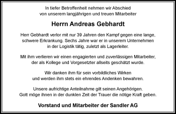 Traueranzeige von Andreas Gebhardt von Frankenpost