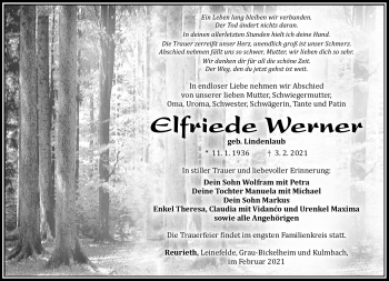 Traueranzeige von Elfriede Werner von Südthüringer Presse