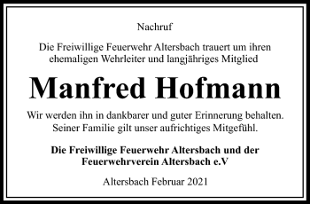 Traueranzeige von Manfred Hofmann von Südthüringer Presse