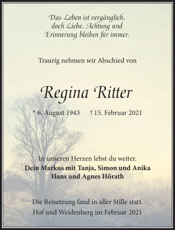 Traueranzeige von Regina Ritter von Frankenpost