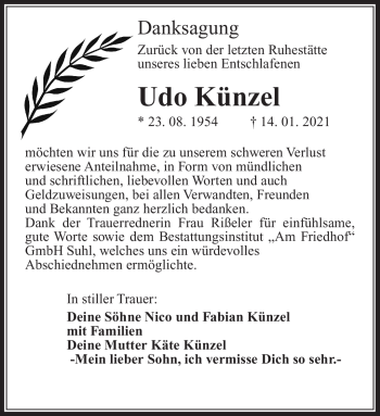 Traueranzeige von Udo Künzel von Südthüringer Presse