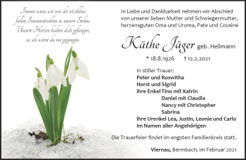 Traueranzeige von Käthe Jäger von Südthüringer Presse