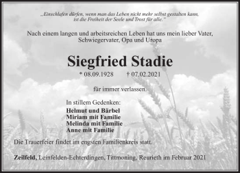 Traueranzeige von Siegfried Stadie von Südthüringer Presse