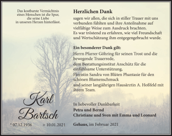 Traueranzeige von Karl Bartsch von Südthüringer Presse