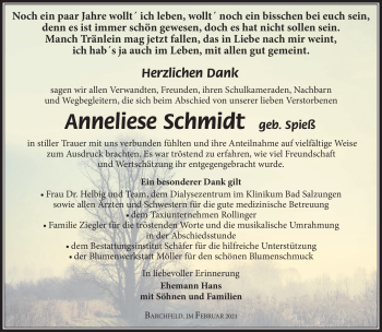 Traueranzeige von Anneliese Schmidt von Südthüringer Presse
