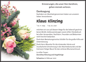 Traueranzeige von Klaus Klinzing von Südthüringer Presse
