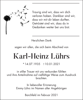 Traueranzeige von Karl-Heinz Lührs von Südthüringer Presse