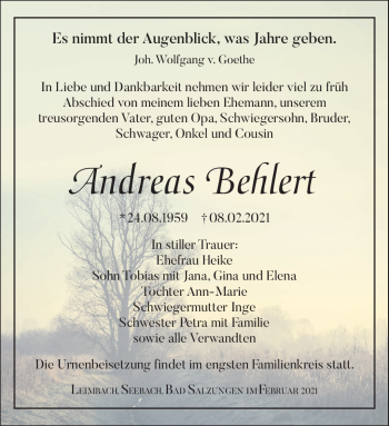 Traueranzeige von Andreas Behlert von Südthüringer Presse