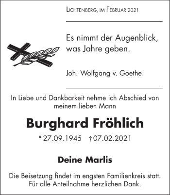 Traueranzeige von Burghard Fröhlich von Frankenpost
