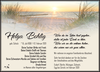 Traueranzeige von Helga Bohlig von Südthüringer Presse