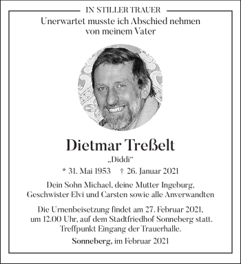 Traueranzeige von Dietmar Treßelt von Südthüringer Presse
