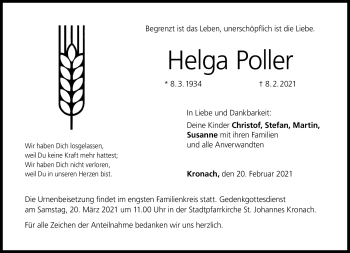 Traueranzeige von Helga Poller von Neue Presse Coburg