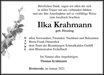Traueranzeige von Ilka Krahmann von Südthüringer Presse