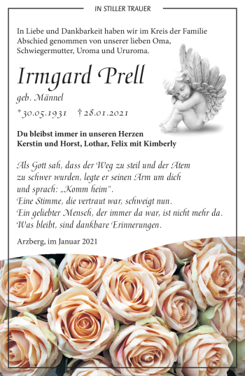 Traueranzeige von Irmgard Prell von Frankenpost