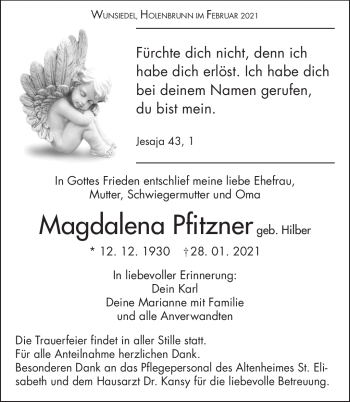 Traueranzeige von Magdalena Pfitzner von Frankenpost