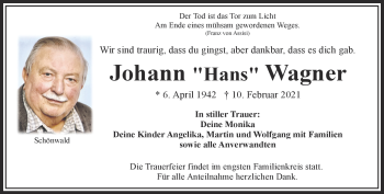 Traueranzeige von Johann Wagner von Frankenpost