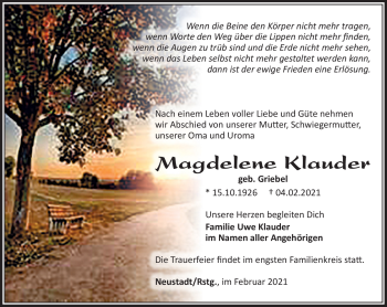 Traueranzeige von Magdelne Klauder von Südthüringer Presse