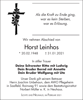 Traueranzeige von Horst Leinhos von Südthüringer Presse