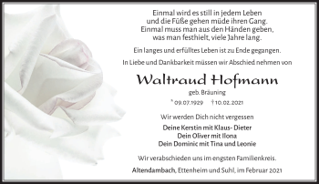 Traueranzeige von Waltraud Hofmann von Südthüringer Presse