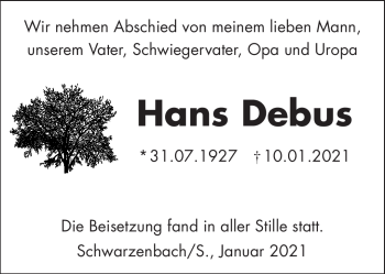 Traueranzeige von Hans Debus von Frankenpost
