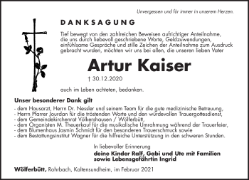 Traueranzeige von Artur Kaiser von Südthüringer Presse