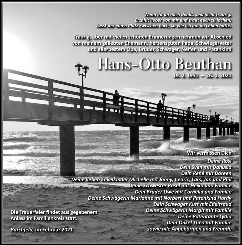  Traueranzeige für Hans-Otto Beuthan vom 06.02.2021 aus Südthüringer Presse