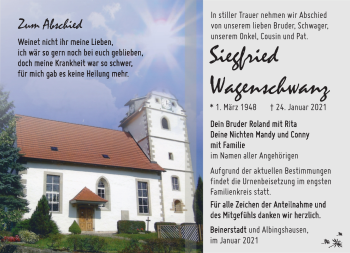Traueranzeige von Siegfried Wagenschwanz von Südthüringer Presse
