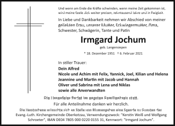 Traueranzeige von Irmgard Jochum von Frankenpost