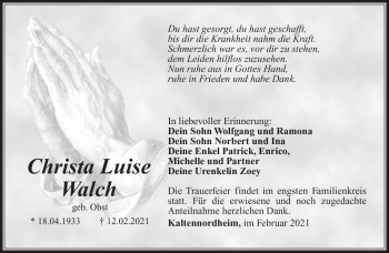 Traueranzeige von Christa Luise Walch von Südthüringer Presse