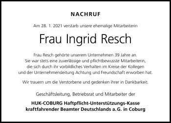 Traueranzeige von Ingrid Resch von Neue Presse Coburg