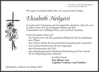 Traueranzeige von Elisabeth Heilgeist von Südthüringer Presse