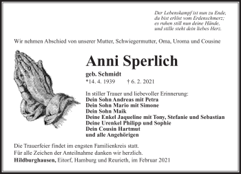 Traueranzeige von Anni Sperlich von Südthüringer Presse