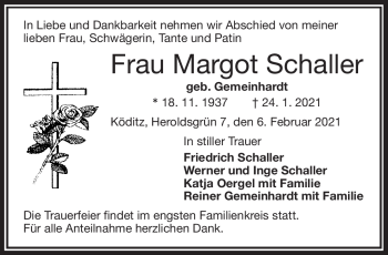 Traueranzeige von Margot Schaller von Frankenpost