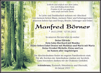 Traueranzeige von Manfred Börner von Südthüringer Presse