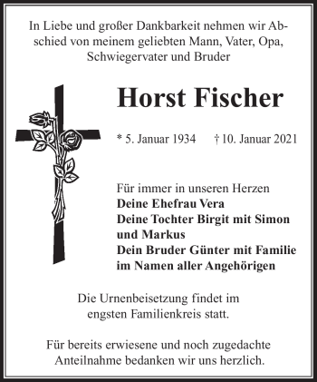 Traueranzeige von Horst Fischer von Südthüringer Presse