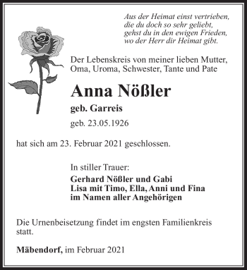 Traueranzeige von Anna Nößler von Südthüringer Presse