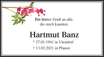 Traueranzeige von Hartmut Banz von Südthüringer Presse