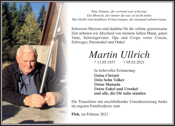 Traueranzeige von Martin Ullrich von Südthüringer Presse