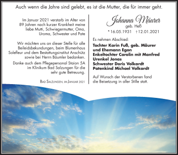 Traueranzeige von Johanna Mäurer von Südthüringer Presse