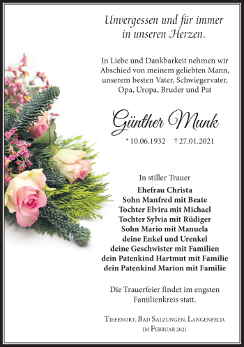 Traueranzeige von Günther Munk von Südthüringer Presse