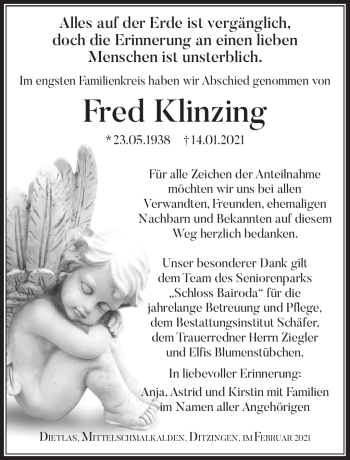 Traueranzeige von Fred Klinzing von Südthüringer Presse