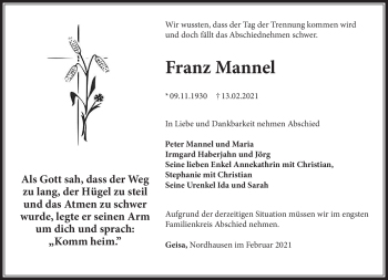 Traueranzeige von Franz Mannel von Südthüringer Presse