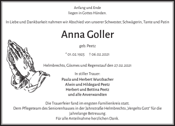 Traueranzeige von Anna Goller von Frankenpost